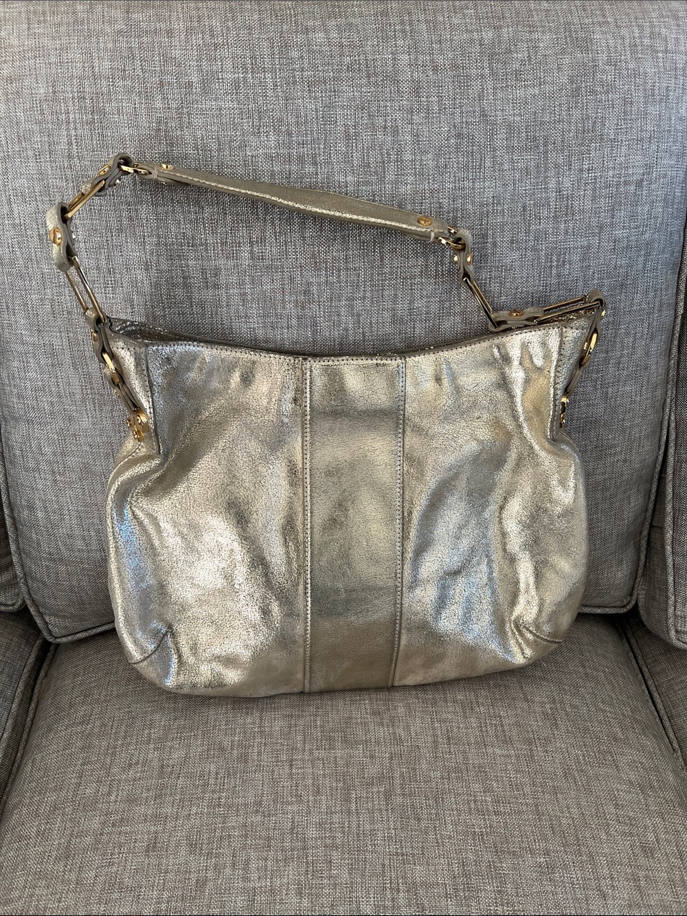 Tory Burch Metallic Silver Leather Shoulder Bag with Gold Hardware